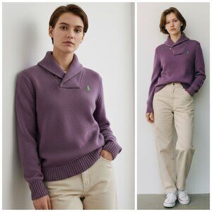 Ralph Lauren Sport Purple Shawl Collar Sweater 100% Cotton Pony Logo Womens LG